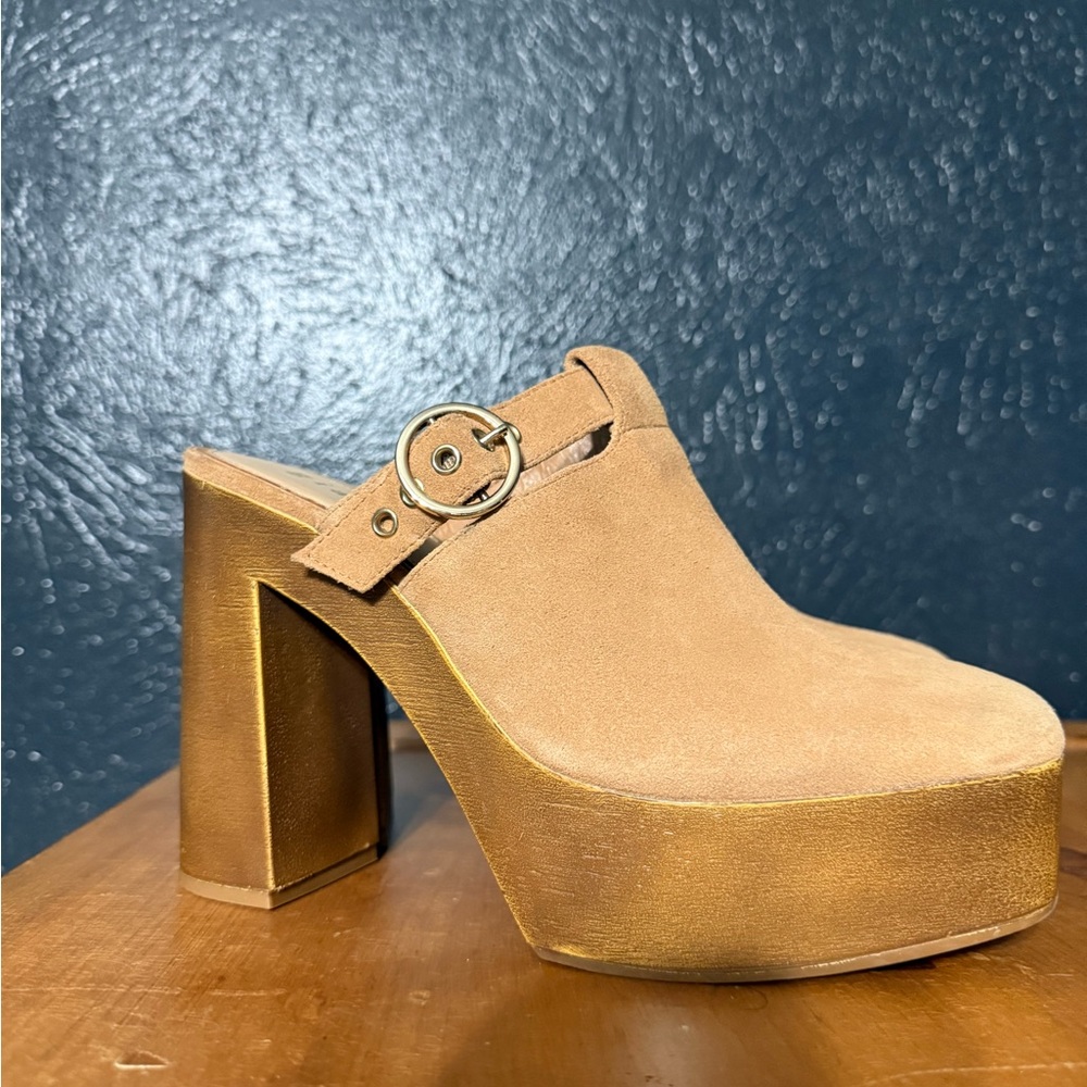 Gianni Bini Tan Suede Mules with Gold Buckles - Picture 3 of 6
